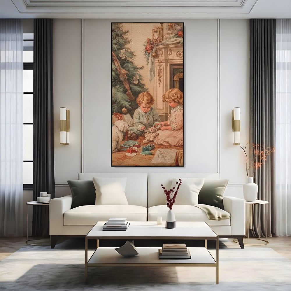Tablou canvas cu ilustratie vintage cu copii langa bradul de craciun, in rama de aluminiu negru, pe perete intr-un living